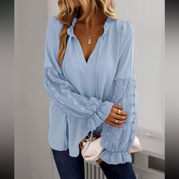 Boho Swiss dot frill trim tie neck blouse blue - Picture 4 of 16